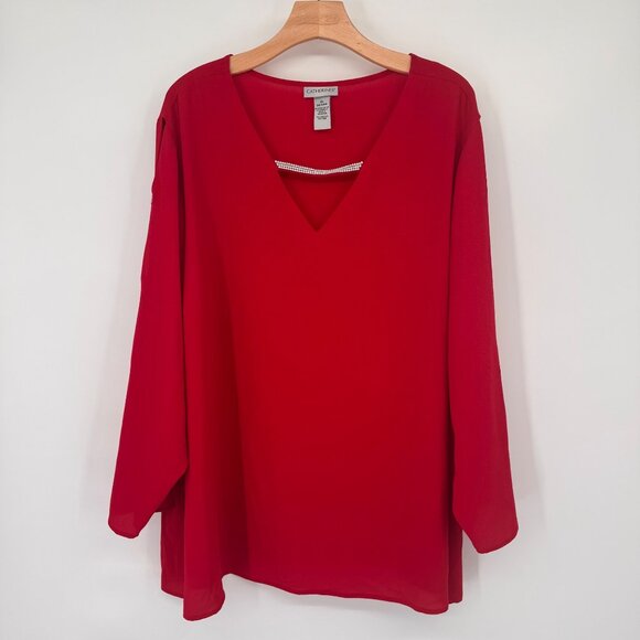 Catherines Red V-Neck Long Sleeve Top Rhinestone Accent size 3X 26/28W - Picture 3 of 11